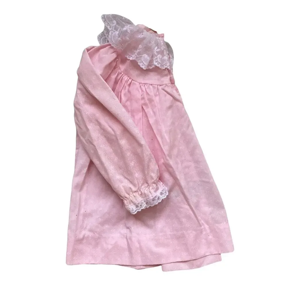 Vintage 1989 Girls 18 Months Pink Long Sleeve Dress With Lace Collar and Cuff